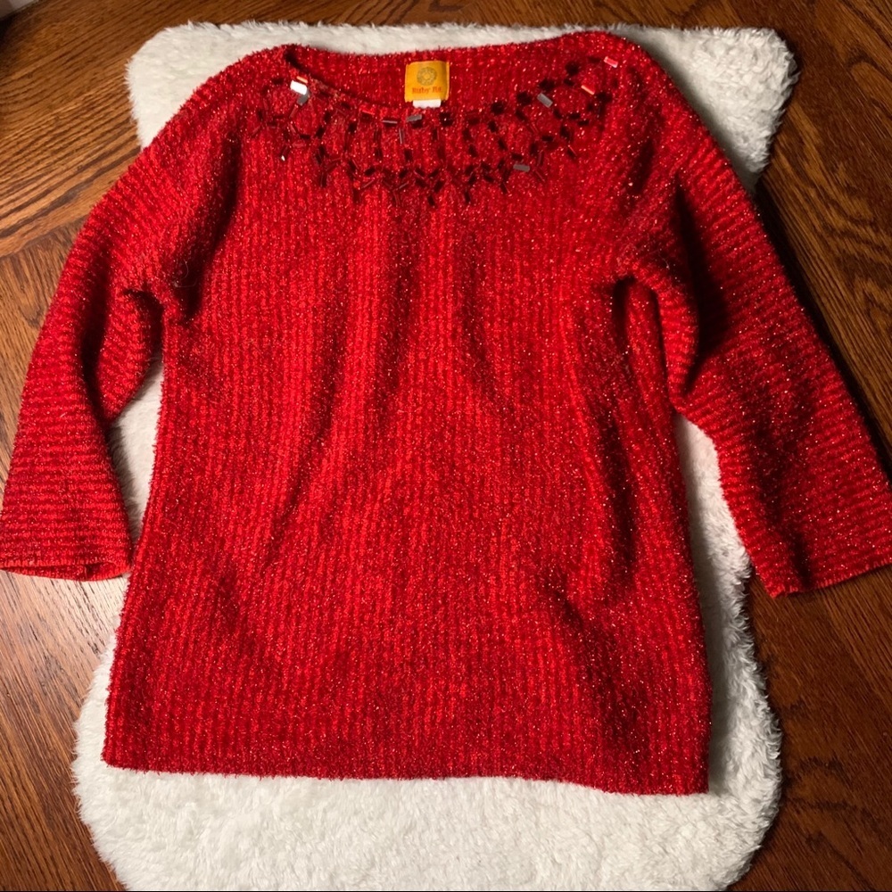 Red Sparkly Jewel Neckline Casual Pullover Sweater